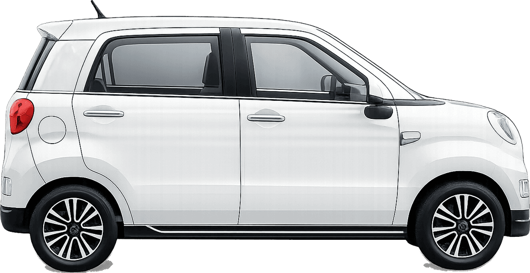 Side view of the Wink Mark3, shown to scale between a golf cart and a midsize SUV